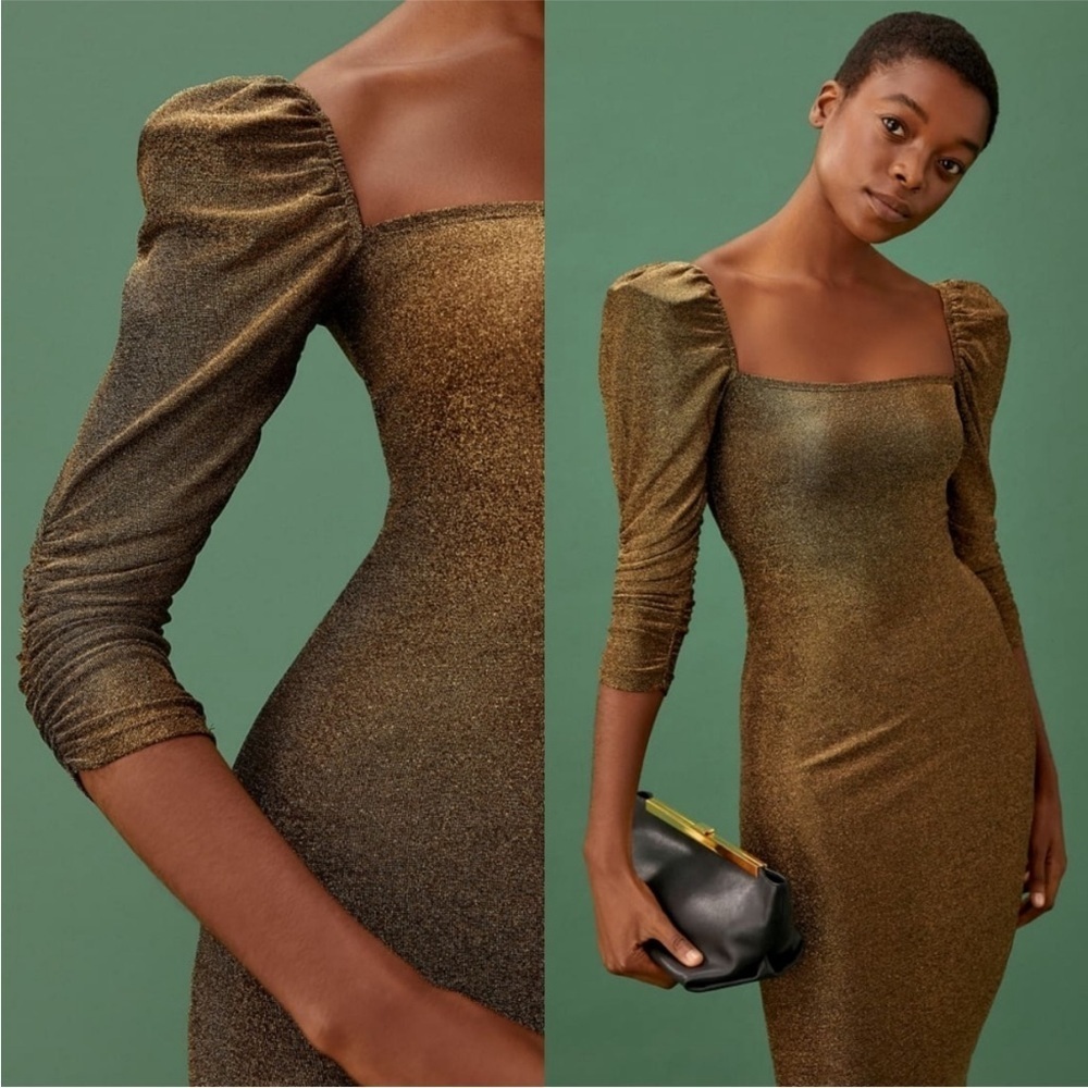 Reformation 'Rahm' Ruched Puff Sleeve Dress in Bronze Sparkle - Picture 3 of 7